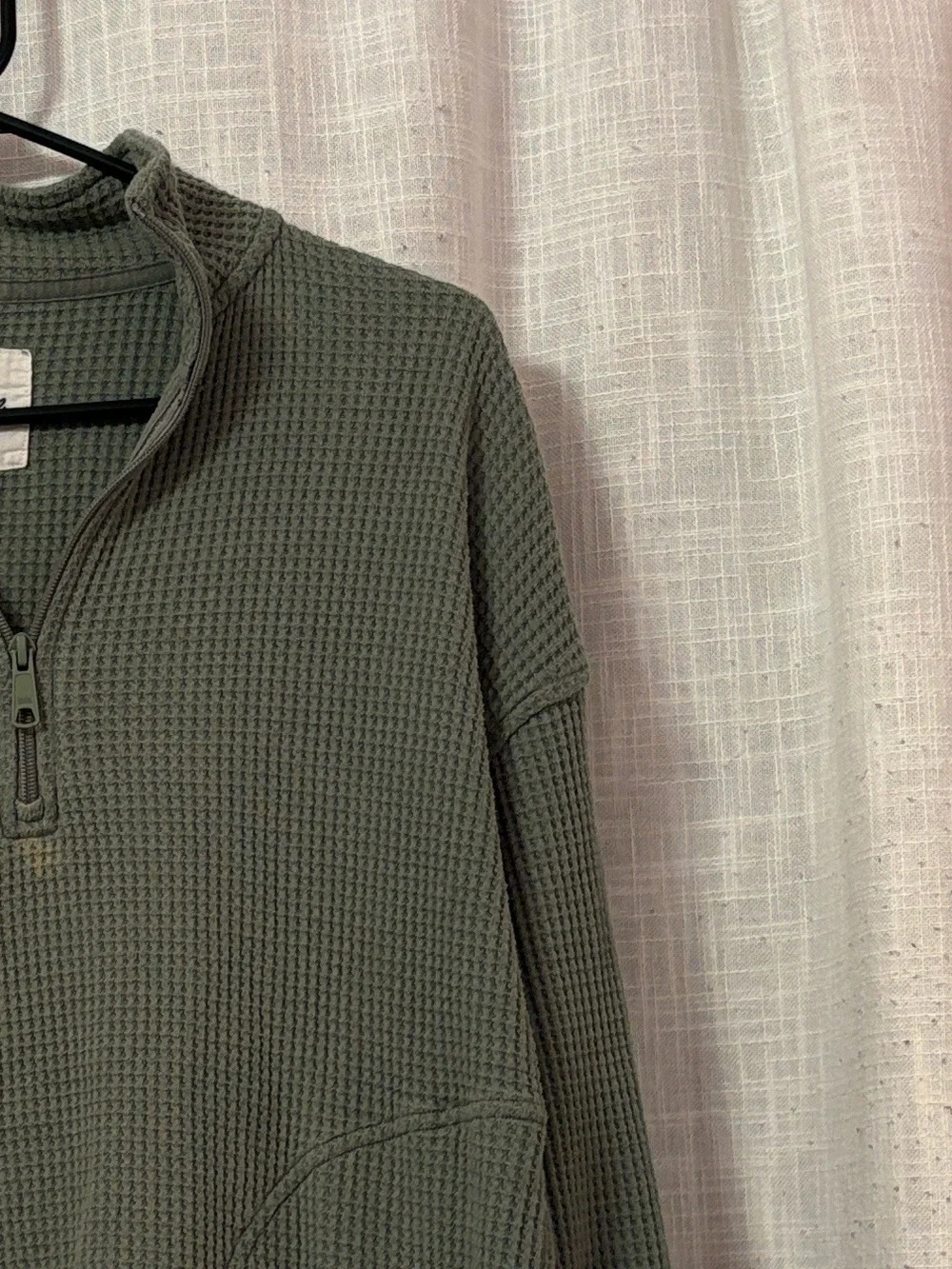 Aerie Waffle Knit Sage Green Quarter Zip Cropped Sweatshirt